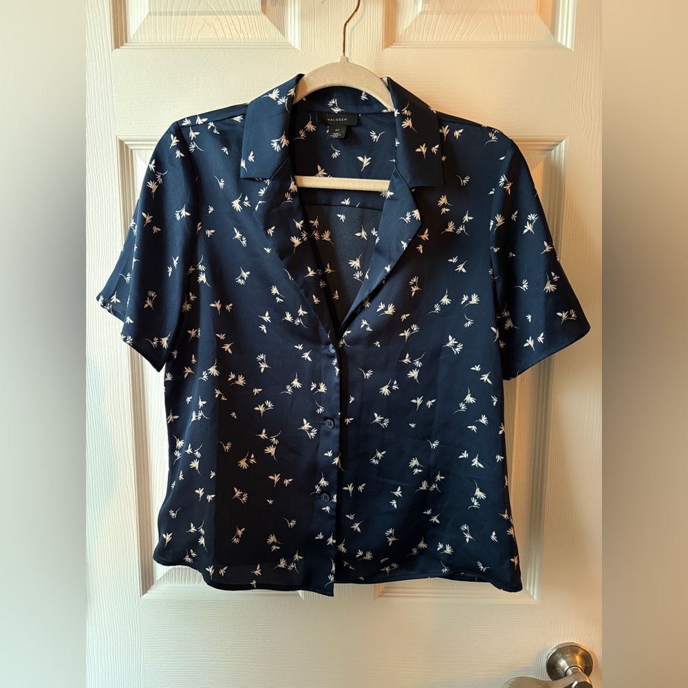 Halogen Dark Blue Top with White Floral Design